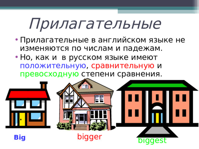  Прилагательные Прилагательные в английском языке не изменяются по числам и падежам. Но, как и в русском языке имеют положительную , сравнительную и превосходную степени сравнения . bigger Big  biggest 