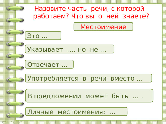 Назовите часть речи, с которой работаем? Что вы о ней знаете?   Местоимение Это … Указывает …, но не … Отвечает … Употребляется в речи вместо … В предложении может быть … . Личные местоимения: … 