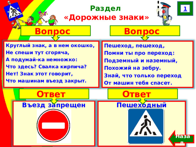 1 Раздел  «Дорожные знаки» Вопрос Вопрос Круглый знак, а в нем окошко, Не спеши тут сгоряча, А подумай-ка немножко: Что здесь? Свалка кирпича? Нет! Знак этот говорит, Что машинам въезд закрыт. Пешеход, пешеход, Помни ты про переход: Подземный и наземный, Похожий на зебру. Знай, что только переход От машин тебя спасет . Ответ Ответ Въезд запрещен  Пешеходный переход Назад  