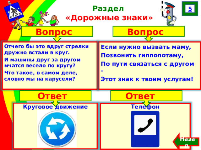 5 Раздел  «Дорожные знаки» Вопрос Вопрос Отчего бы это вдруг стрелки дружно встали в круг. И машины друг за другом мчатся весело по кругу? Что такое, в самом деле, словно мы на карусели?  Если нужно вызвать маму, Позвонить гиппопотаму, По пути связаться с другом - Этот знак к твоим услугам! Ответ Ответ Круговое движение Телефон Назад  