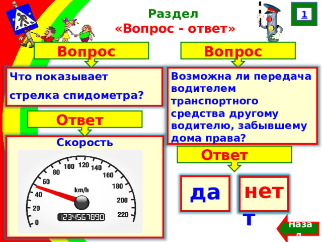 1 Раздел  «Вопрос - ответ» Вопрос Вопрос Что показывает стрелка спидометра?   Возможна ли передача водителем транспортного средства другому водителю, забывшему дома права? Ответ Скорость Ответ да нет  нет Назад  