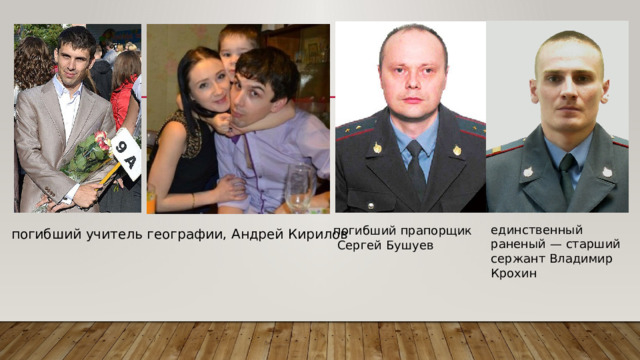 единственный раненый — старший сержант Владимир Крохин погибший учитель географии, Андрей Кирилов погибший прапорщик   Сергей Бушуев 