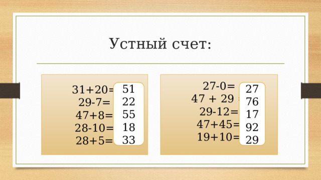 Устный счет: 31+20= 27-0= 29-7= 47 + 29 = 47+8= 29-12= 28-10= 47+45= 28+5= 19+10= 51 27 22 76 55 17 18 92 33 29 