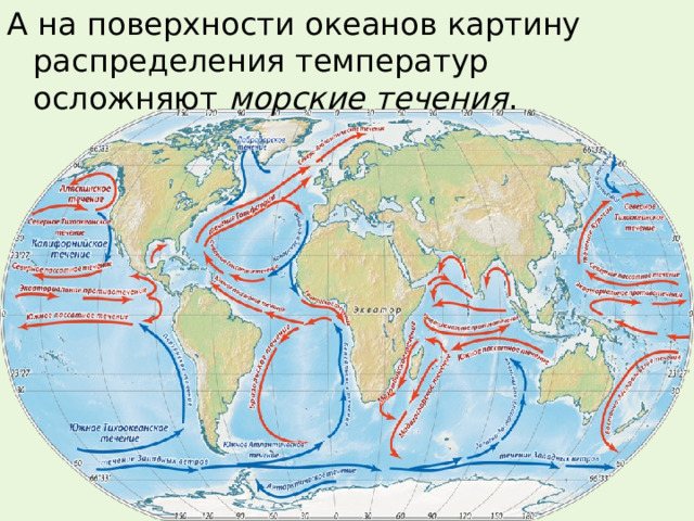 Морские течения. Карта морских течений. Морские течения влияют на распределение тепла. Температура воздуха на разных широтах. Температура на поверхности океанов