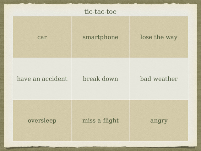 tic-tac-toe car smartphone have an accident lose the way break down oversleep bad weather miss a flight angry 