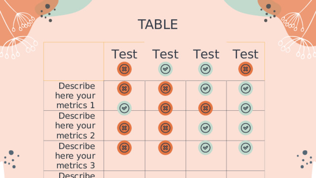 TABLE Test 1 Describe here your metrics 1 Describe here your metrics 2 Test 2 Test 3 Describe here your metrics 3 Test 4 Describe here your metrics 4 Describe here your metrics 5 