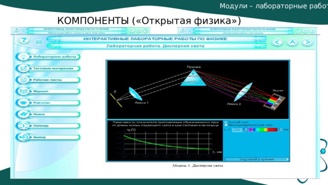 Модули – лабораторные работы. КОМПОНЕНТЫ («Открытая физика») Основным типом ресурса ИИСС «Интерактивные лабораторные работы» является комплексный модуль – лабораторная работа , представляющий собой интерактивный модуль с анимацией. Интерактивность модуля заключается в возможности смены параметров эксперимента пользователем. В зависимости от заданных параметров модуль отрабатывает анимацию и расчёты. В состав ряда модулей входит, как составная часть, ресурс интерактивный график . 