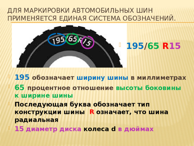 Для маркировки автомобильных шин применяется единая система обозначений. 195 / 65  R 15 195 обозначает ширину шины в миллиметрах 65  процентное отношение высоты боковины к ширине шины Последующая буква обозначает тип конструкции шины R  означает, что шина радиальная 15  диаметр диска колеса d в дюймах  