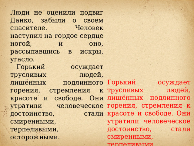 Люди не оценили подвиг Данко, забыли о своем спасителе. Человек наступил на гордое сердце ногой, и оно, рассыпавшись в искры, угасло.     Горький осуждает трусливых людей, лишённых подлинного горения, стремления к красоте и свободе. Они утратили человеческое достоинство, стали смиренными, терпеливыми, осторожными. Горький осуждает трусливых людей, лишённых подлинного горения, стремления к красоте и свободе. Они утратили человеческое достоинство, стали смиренными, терпеливыми, осторожными. 