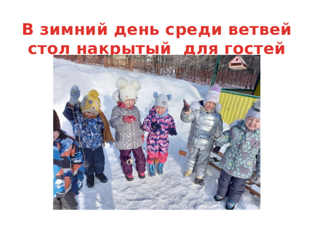 В зимний день среди ветвей стол накрытый для гостей 