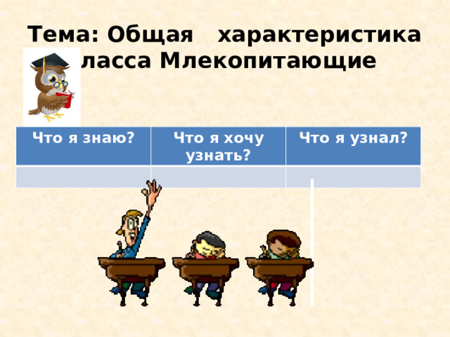 Тема: Общая характеристика класса Млекопитающие   Что я знаю? Что я хочу узнать? Что я узнал? 