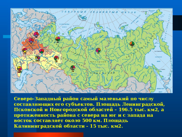 Северо-Западный район самый маленький по числу составляющих его субъектов. Площадь Ленинградской, Псковской и Новгородской областей – 196.5 тыс. км2, а протяженность района с севера на юг и с запада на восток составляет около 500 км. Площадь Калининградской области - 15 тыс. км2. 