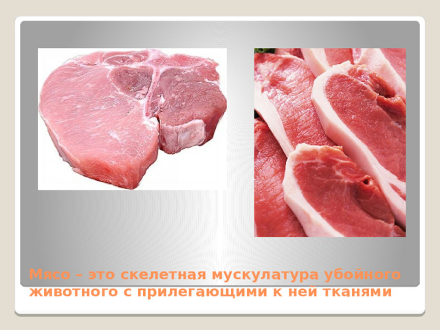 Мясо – это скелетная мускулатура убойного животного с прилегающими к ней тканями 