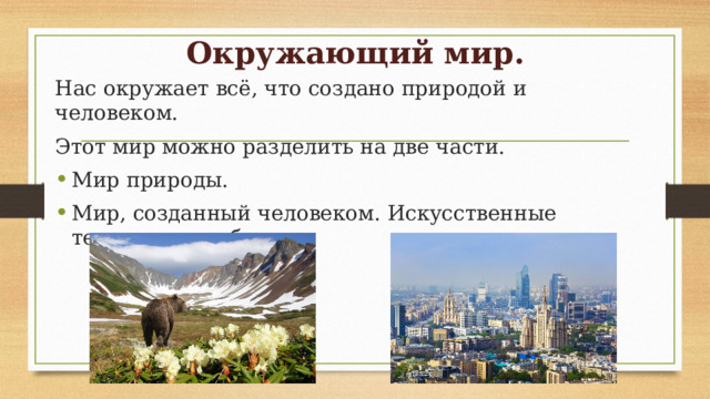 Окружающий мир. Нас окружает всё, что создано природой и человеком. Этот мир можно разделить на две части. Мир природы. Мир, созданный человеком. Искусственные технические объекты. 