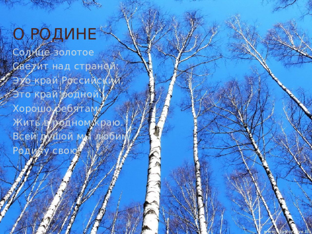 О РОДИНЕ Солнце золотое Светит над страной: Это край Российский, Это край родной… Хорошо ребятам Жить в родном краю. Всей душой мы любим Родину свою! 