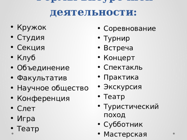 Формы внеурочной деятельности: Кружок Студия Секция Клуб Объединение Факультатив Научное общество Конференция Слет Игра Театр Соревнование Турнир Встреча Концерт Спектакль Практика Экскурсия Театр Туристический поход Субботник Мастерская 