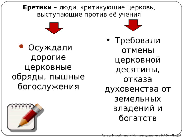 Еретики – люди, критикующие церковь, выступающие против её учения Требовали отмены церковной десятины, отказа духовенства от земельных владений и богатств  Осуждали дорогие церковные обряды, пышные богослужения Автор: Михайлова Н.М.- преподаватель МАОУ «Лицей № 21» 