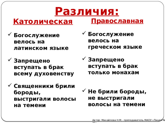 Различия: Католическая Православная   Богослужение велось на латинском языке  Богослужение велось на греческом языке Запрещено вступать в брак всему духовенству   Запрещено вступать в брак только монахам Священники брили бороды, выстригали волосы на темени    Не брили бороды, не выстригали волосы на темени  Автор: Михайлова Н.М.- преподаватель МАОУ «Лицей № 21» 