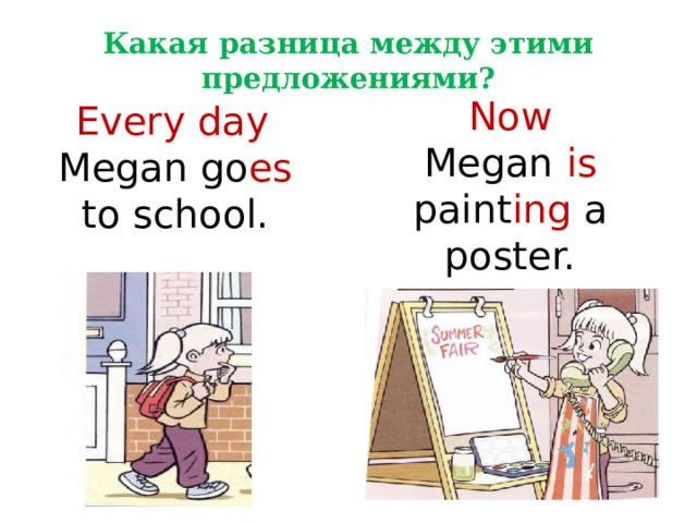 Какая разница между этими предложениями? Now Megan is paint ing a poster.  Every day Megan go es to school. 