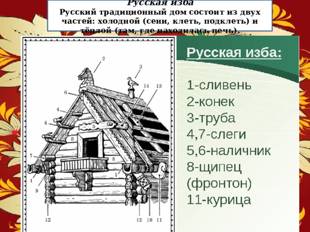 Русская изба Русский традиционный дом состоит из двух частей: холодной (сени, клеть, подклеть) и тёплой (там, где находилась печь). 