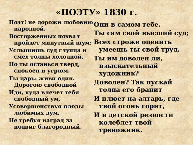 «ПОЭТУ» 1830 г. Поэт! не дорожи любовию народной. Восторженных похвал пройдет минутный шум; Услышишь суд глупца и смех толпы холодной, Но ты останься тверд, спокоен и угрюм. Ты царь: живи один. Дорогою свободной Иди, куда влечет тебя свободный ум, Усовершенствуя плоды любимых дум, Не требуя наград за подвиг благородный. Они в самом тебе. Ты сам свой высший суд; Всех строже оценить умеешь ты свой труд. Ты им доволен ли, взыскательный художник? Доволен? Так пускай толпа его бранит И плюет на алтарь, где твой огонь горит, И в детской резвости колеблет твой треножник.  