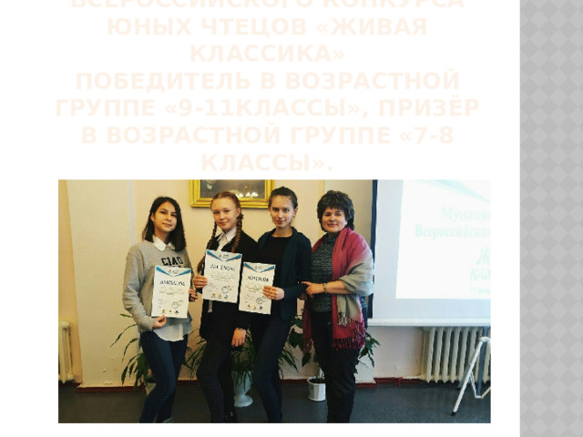 Муниципальный этап Всероссийского конкурса юных чтецов «Живая классика»  победитель в возрастной группе «9-11классы», призёр в возрастной группе «7-8 классы». 
