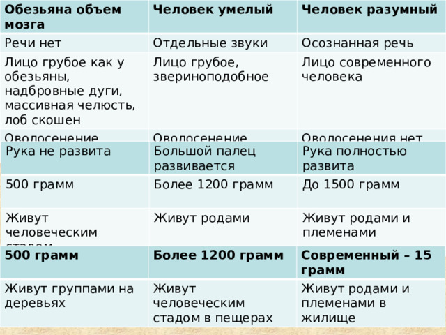 Обезьяна объем мозга Человек умелый Речи нет Человек разумный Отдельные звуки Лицо грубое как у обезьяны, надбровные дуги, массивная челюсть, лоб скошен Осознанная речь Лицо грубое, звериноподобное Оволосенение Лицо современного человека Оволосенение редкое Оволосенения нет Рука не развита 500 грамм Большой палец развивается Живут человеческим стадом Рука полностью развита Более 1200 грамм До 1500 грамм Живут родами Живут родами и племенами 500 грамм Живут группами на деревьях  Более 1200 грамм Современный – 15 грамм Живут человеческим стадом в пещерах Живут родами и племенами в жилище 