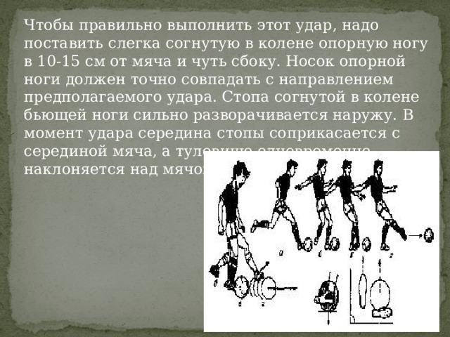 Чтобы правильно выполнить этот удар, надо поставить слегка согнутую в колене опорную ногу в 10-15 см от мяча и чуть сбоку. Носок опорной ноги должен точно совпадать с направлением предполагаемого удара. Стопа согнутой в колене бьющей ноги сильно разворачивается наружу. В момент удара середина стопы соприкасается с серединой мяча, а туловище одновременно наклоняется над мячом. 