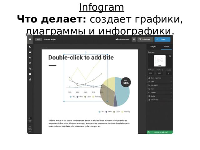  Infogram  Что делает:  создает графики, диаграммы и инфографики. 