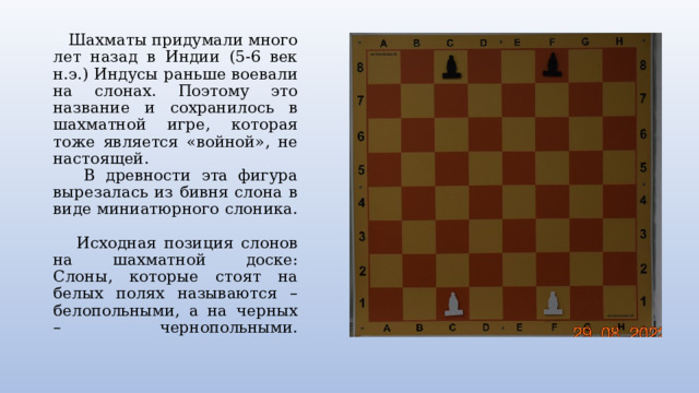  Шахматы придумали много лет назад в Индии (5-6 век н.э.) Индусы раньше воевали на слонах. Поэтому это название и сохранилось в шахматной игре, которая тоже является «войной», не настоящей.  В древности эта фигура вырезалась из бивня слона в виде миниатюрного слоника.   Исходная позиция слонов на шахматной доске:  Слоны, которые стоят на белых полях называются – белопольными, а на черных – чернопольными.   