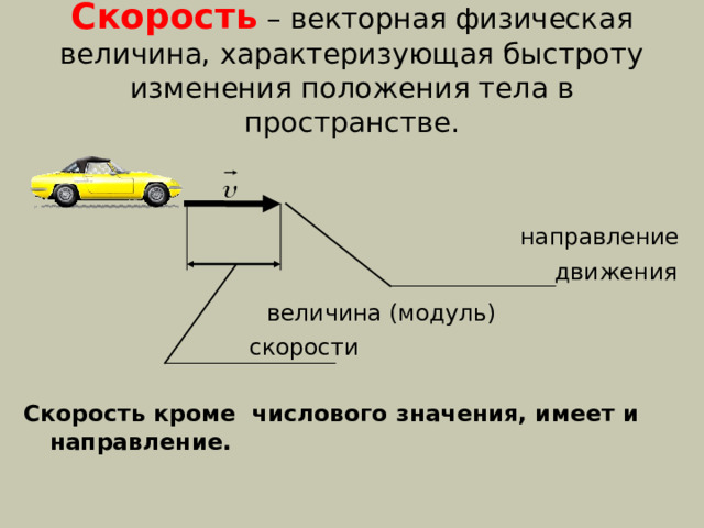 Скорость  – векторная физическая величина, характеризующая быстроту изменения положения тела в пространстве.  направление  движения  величина (модуль)  скорости Скорость кроме числового значения, имеет и направление. 