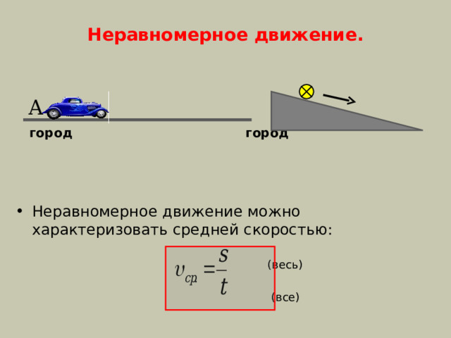 Неравномерное движение.  А В  город  город Неравномерное движение можно характеризовать средней скоростью:  (весь)  (все) 