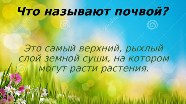 Что называют почвой? Это самый верхний, рыхлый слой земной суши, на котором могут расти растения. 