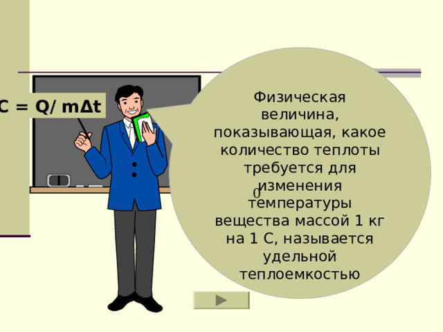 Физическая величина, показывающая, какое количество теплоты требуется для изменения температуры вещества массой 1 кг на 1 С, называется удельной теплоемкостью C = Q/ m Δ t 