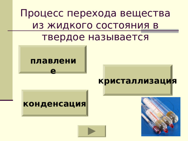 Процесс перехода вещества из жидкого состояния в твердое называется  плавление кристаллизация конденсация 