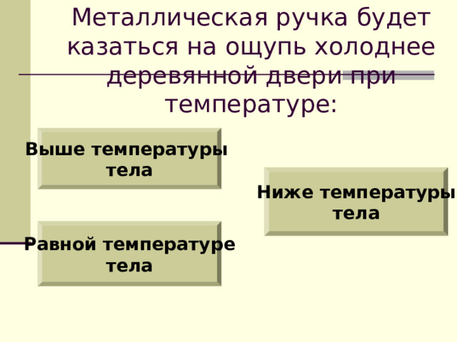 Металлическая ручка будет казаться на ощупь холоднее деревянной двери при температуре: Выше температуры тела Ниже температуры тела  Равной температуре тела 