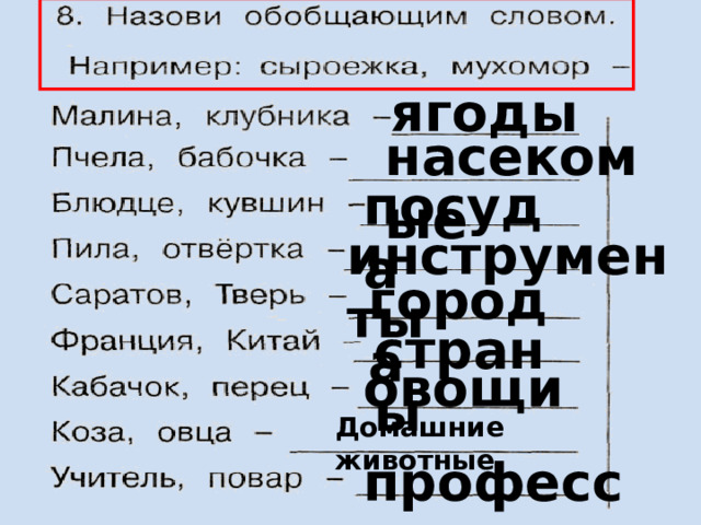 ягоды насекомые посуда инструменты города страны овощи Домашние животные профессии 