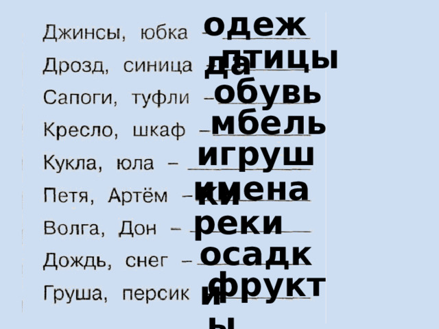 одежда птицы обувь мбель игрушки имена реки осадки фрукты 