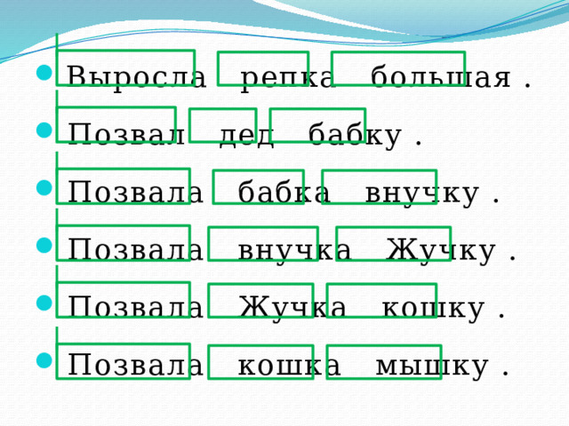  Выросла репка большая .  Позвал дед бабку .  Позвала бабка внучку .  Позвала внучка Жучку .  Позвала Жучка кошку .  Позвала кошка мышку . 