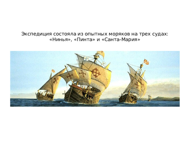 Экспедиция состояла из опытных моряков на трех судах: «Нинья», «Пинта» и «Санта-Мария» 