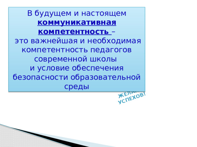 Желаю  успехов! В будущем и настоящем коммуникативная компетентность –  это важнейшая и необходимая компетентность педагогов современной школы и условие обеспечения безопасности образовательной среды 