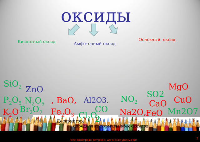 оксиды Основный оксид Кислотный оксид Амфотерный оксид SiO 2 MgO ZnO SO2  NO 2 CuO P 2 O 5 , ВаO, N 2 O 5 Al2O3 , CaO Br 2 O 7 CO2 Mn2O7 Fe 2 O 3 K 2 O Na2O, FeO Cl 2 O 7 Дескриптор: −  определяет формулы всех оксидов; −  распределяет оксиды на группы  Free powerpoint template: www.brainybetty.com 