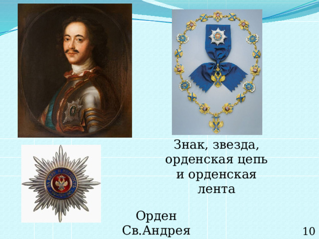 Знак, звезда, орденская цепь и орденская лента Орден Св.Андрея Первозванного 10 