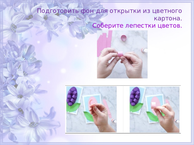 Подготовить фон для открытки из цветного картона.  Соберите лепестки цветов. 