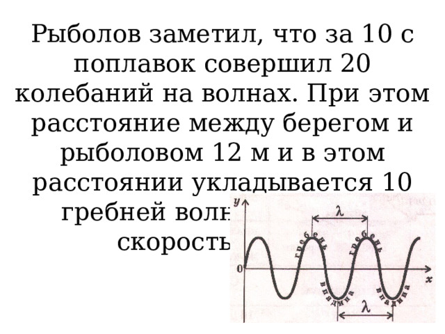 Рыболов заметил, что за 10 с поплавок совершил 20 колебаний на волнах. При этом расстояние между берегом и рыболовом 12 м и в этом расстоянии укладывается 10 гребней волны. Найдите скорость волны. 