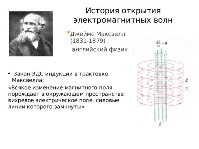 История открытия электромагнитных волн Джеймс Максвелл (1831-1879)  английский физик  Закон ЭДС индукции в трактовке Максвелла: «Всякое изменение магнитного поля порождает в окружающем пространстве вихревое электрическое поле, силовые линии которого замкнуты» 