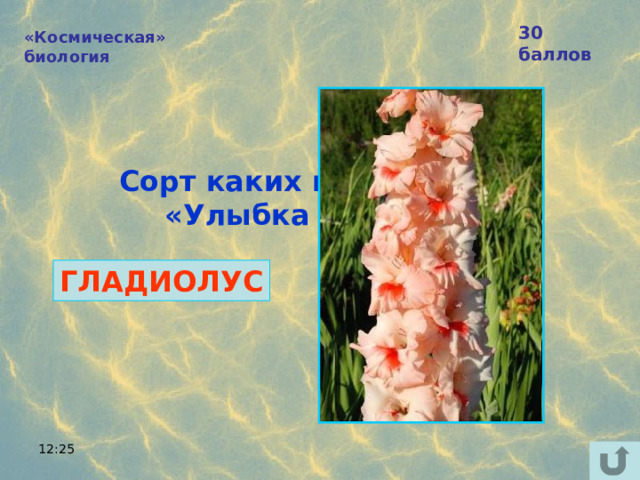 30 баллов «Космическая» биология Сорт каких цветов назван  «Улыбка Гагарина»?  ГЛАДИОЛУС 12:25 
