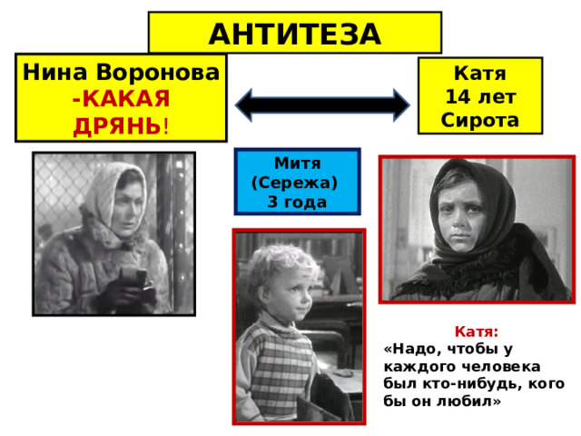 АНТИТЕЗА Нина Воронова -КАКАЯ ДРЯНЬ !  Катя 14 лет Сирота Митя (Сережа) 3 года Катя: «Надо, чтобы у каждого человека был кто-нибудь, кого бы он любил» 