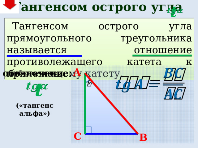 Тангенсом острого угла   t Тангенсом острого угла прямоугольного треугольника называется отношение противолежащего катета к прилежащему катету. A   обозначение:   t   («тангенс альфа») C B 