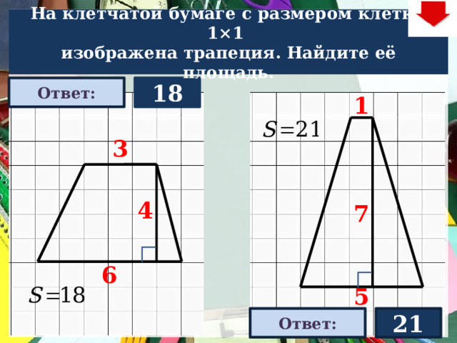 На клетчатой бумаге с размером клетки 1×1  изображена трапеция. Найдите её площадь. 18 Ответ: 1 3 4 7 На слайде две задачи. Можно предложить учащимся работу по вариантам, работу в мини-группах (по партам) На слайде представлена только визуализация правильных ответов С данного слайда возможен только возврат к слайду выбора следующей задачи (правый верхний угол слайда – кнопка «6»). 6 5 21 Ответ: 22 